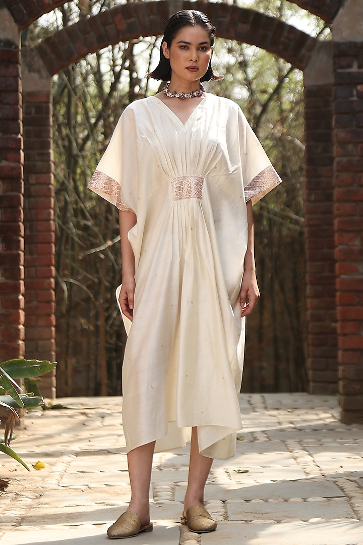 Ivory Handloom Pure Silk Kaftan by Weaverstory at Pernia's Pop Up Shop