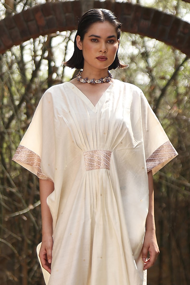 Ivory Handloom Pure Silk Kaftan by Weaverstory at Pernia's Pop Up Shop
