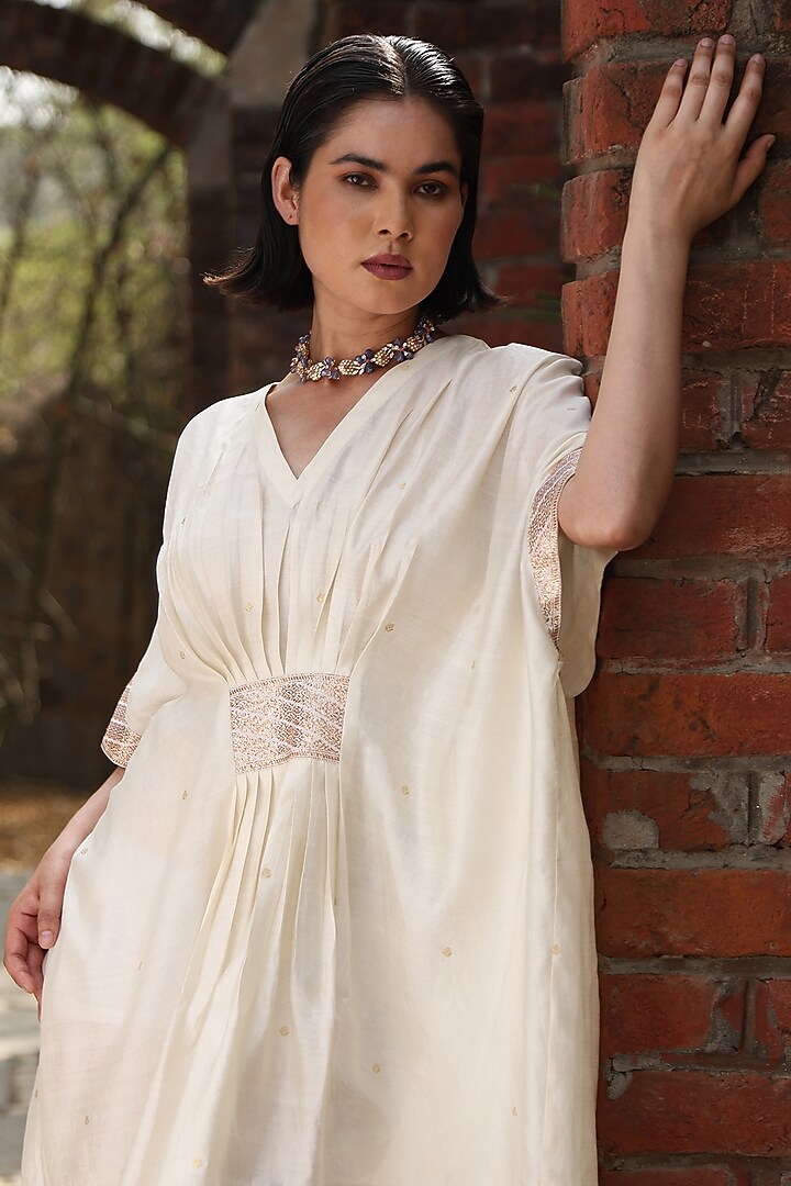 Ivory Handloom Pure Silk Kaftan by Weaverstory at Pernia's Pop Up Shop