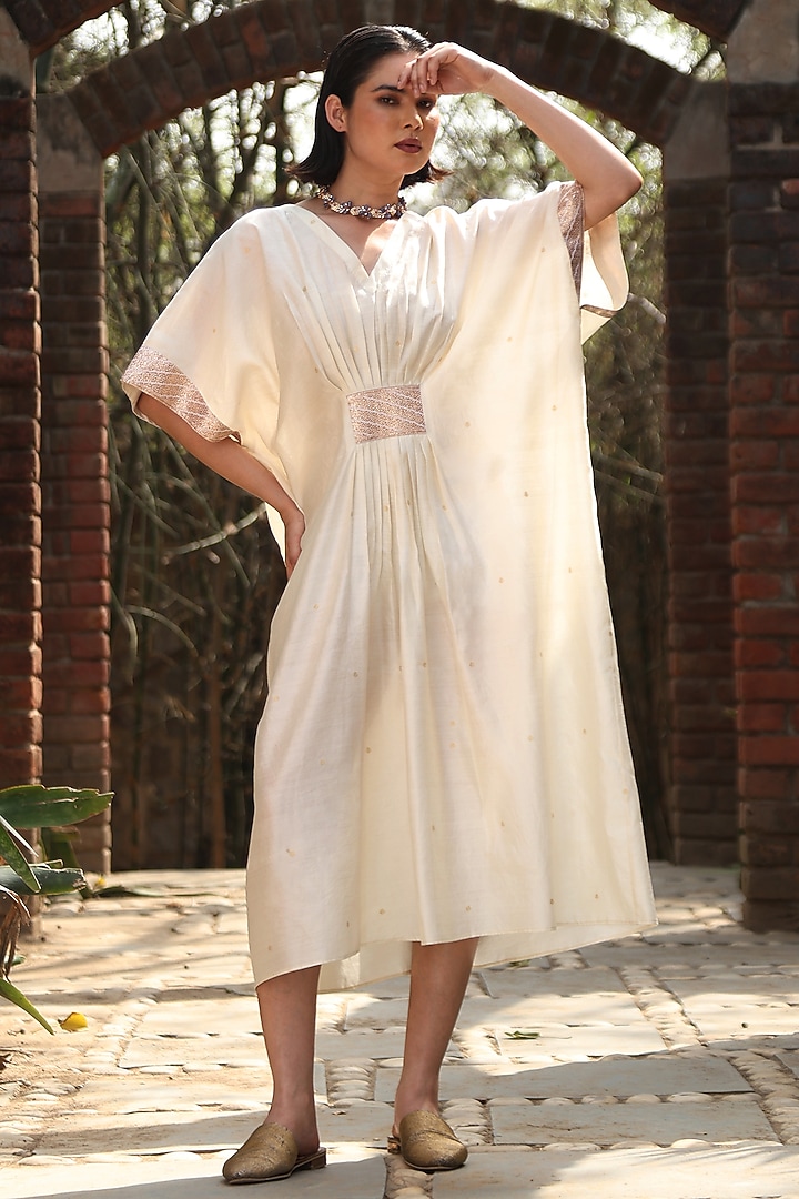 Ivory Handloom Pure Silk Kaftan by Weaverstory at Pernia's Pop Up Shop