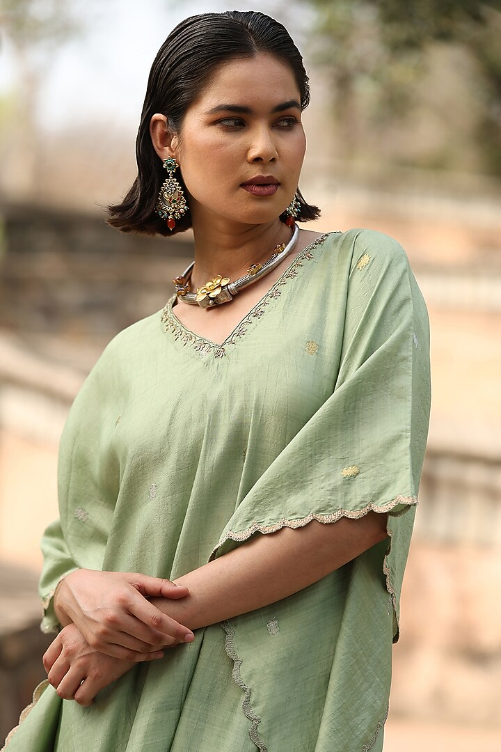 Light Green Handloom Silk Embroidered Kaftan by Weaverstory at Pernia's Pop Up Shop