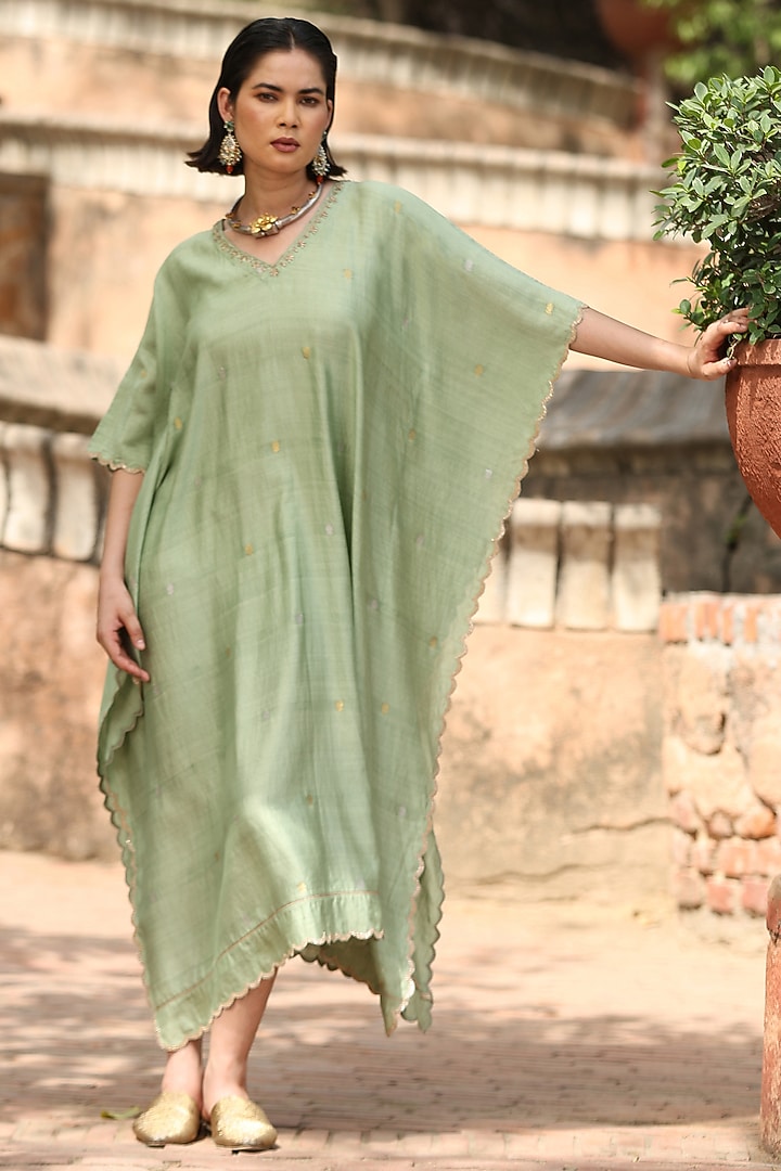 Light Green Handloom Silk Embroidered Kaftan by Weaverstory at Pernia's Pop Up Shop