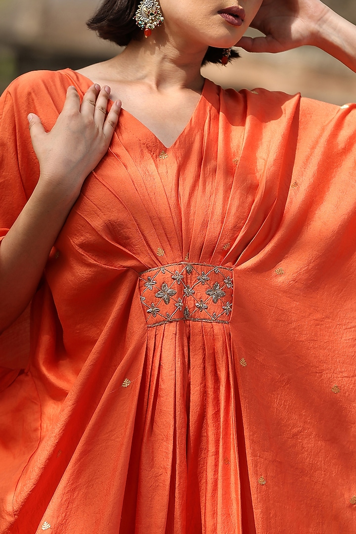 Orange Handloom Silk Kaftan by Weaverstory at Pernia's Pop Up Shop