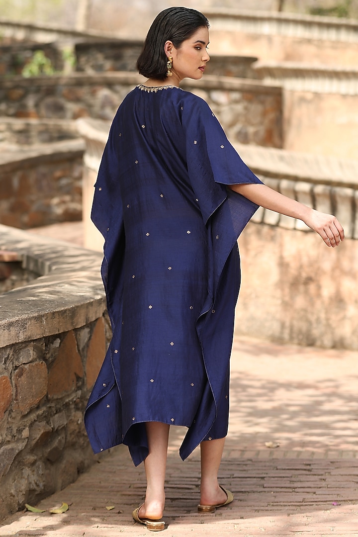 Navy Blue Handloom Silk Hand Embroidered Kaftan by Weaverstory at Pernia's Pop Up Shop