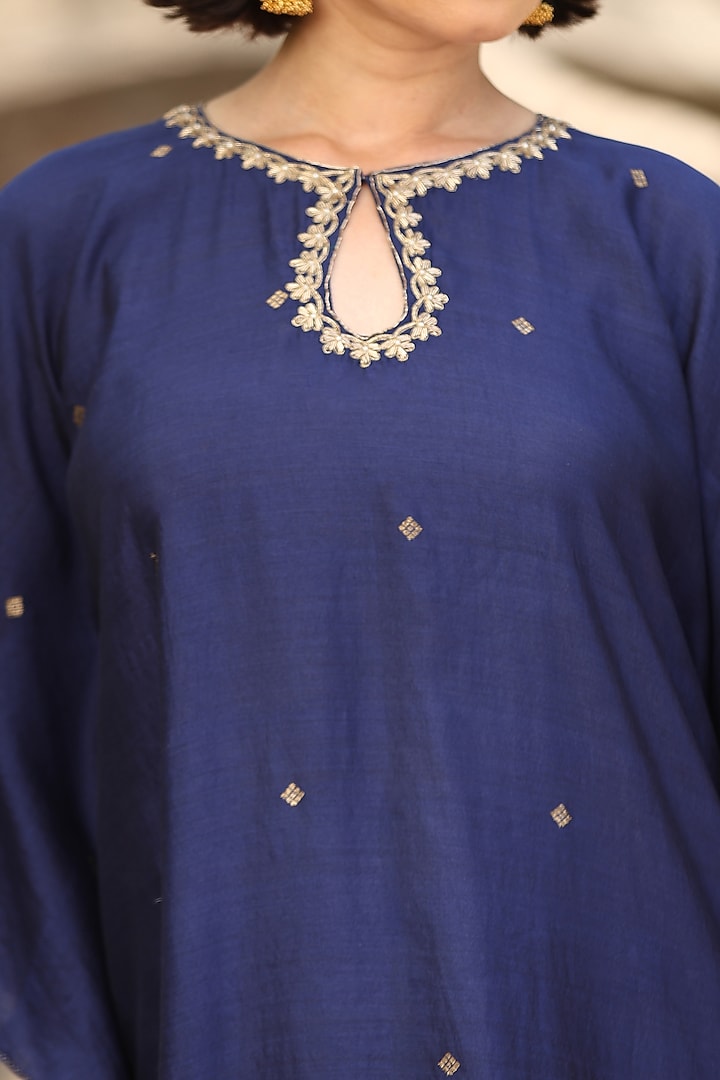 Navy Blue Handloom Silk Hand Embroidered Kaftan by Weaverstory at Pernia's Pop Up Shop