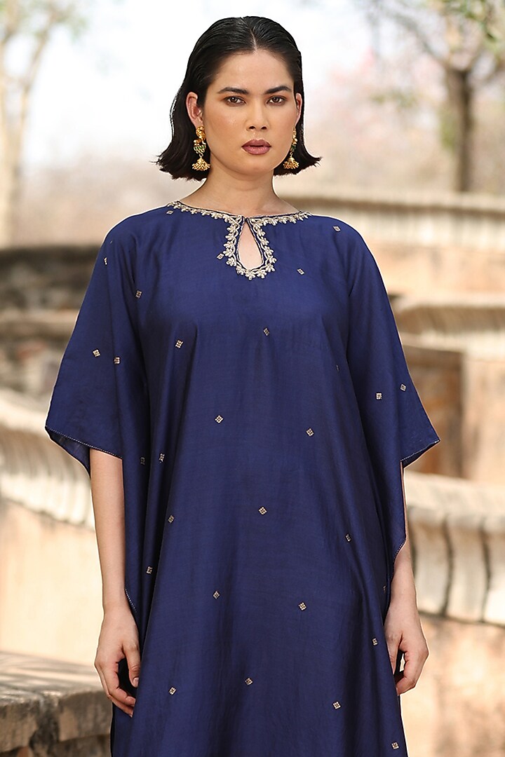 Navy Blue Handloom Silk Hand Embroidered Kaftan by Weaverstory at Pernia's Pop Up Shop