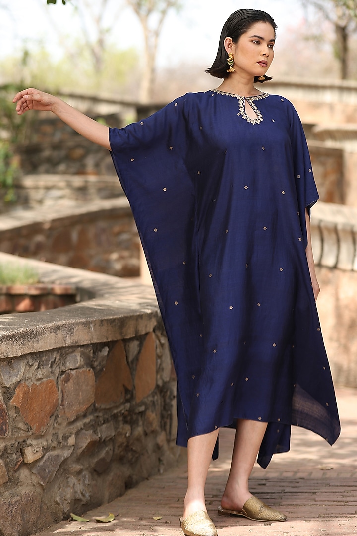 Navy Blue Handloom Silk Hand Embroidered Kaftan by Weaverstory at Pernia's Pop Up Shop