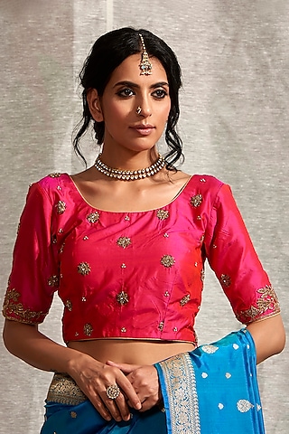 Fuschia Booti Embroidered Blouse by Weaverstory