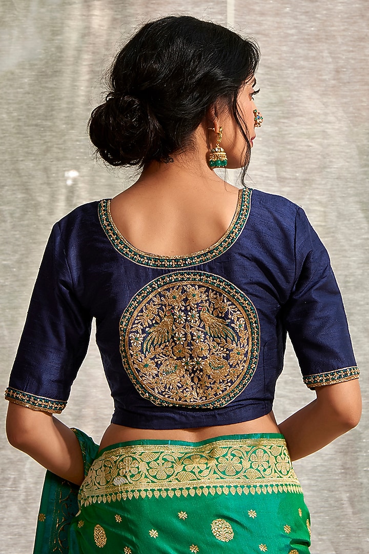 Blue Hand Embroidered Blouse by Weaverstory at Pernia's Pop Up Shop