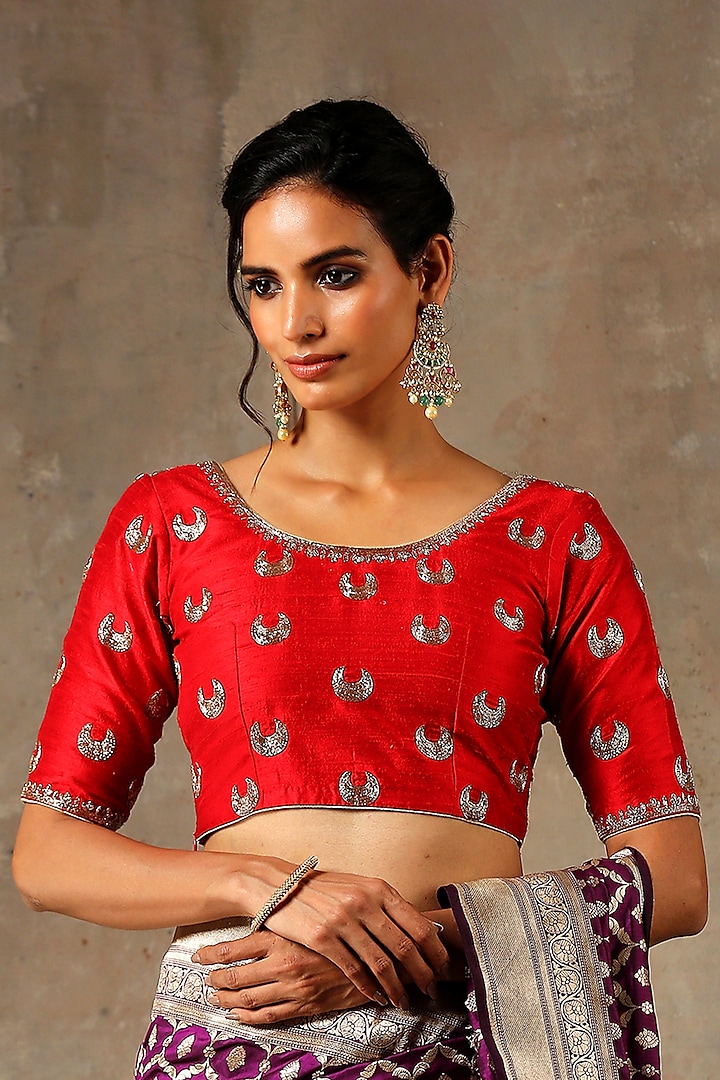 Red Zardosi Embroidered Blouse by Weaverstory