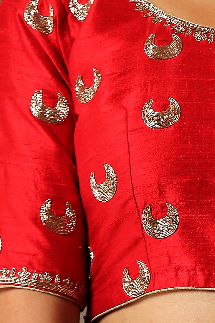 Red Zardosi Embroidered Blouse by Weaverstory at Pernia's Pop Up Shop