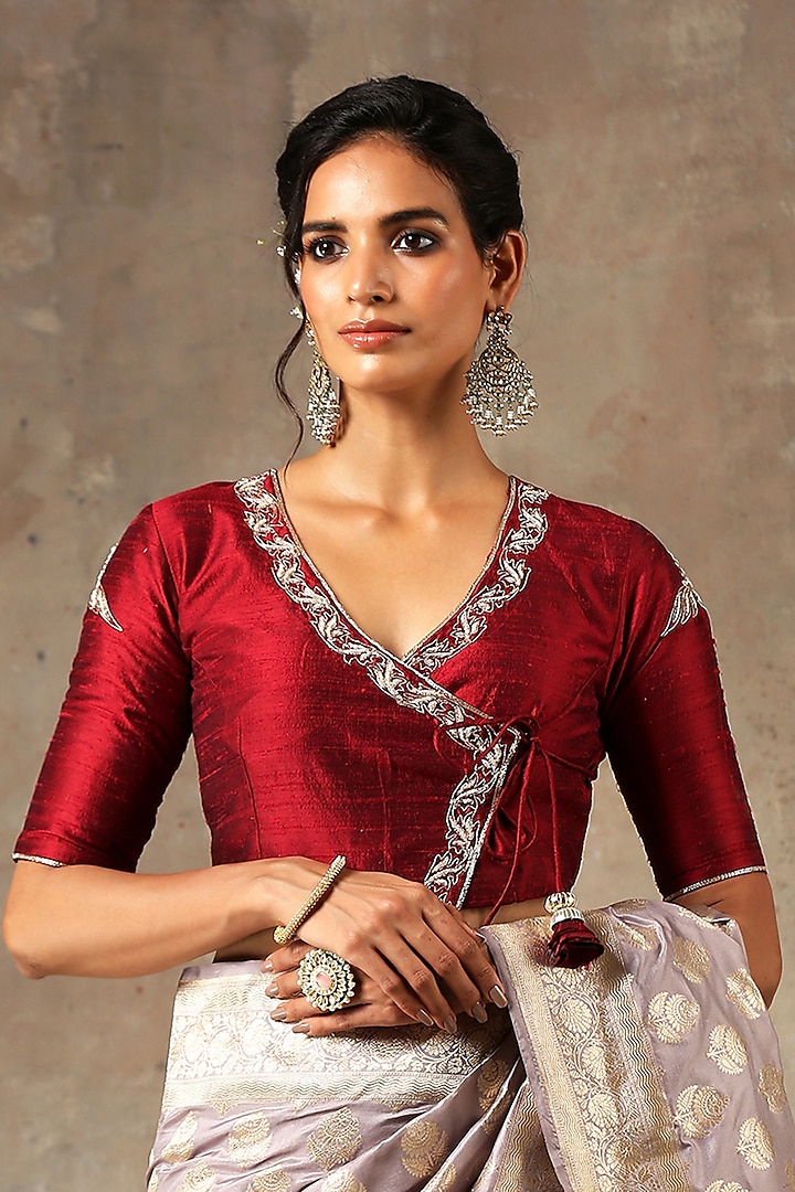 Maroon Embroidered Angrakha Blouse by Weaverstory