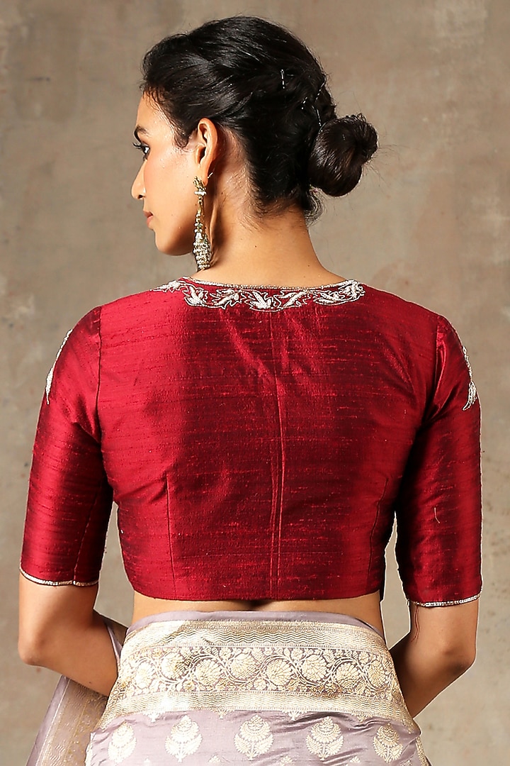 Maroon Embroidered Angrakha Blouse by Weaverstory at Pernia's Pop Up Shop