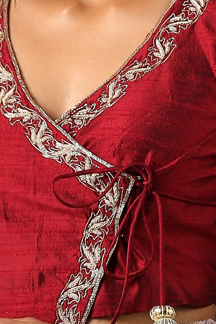 Maroon Embroidered Angrakha Blouse by Weaverstory at Pernia's Pop Up Shop