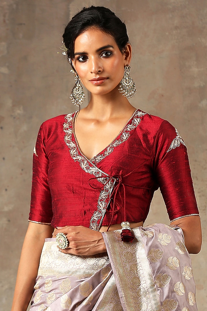 Maroon Embroidered Angrakha Blouse by Weaverstory at Pernia's Pop Up Shop