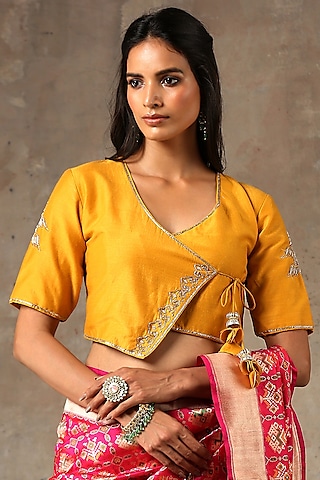 Mustard Embroidered Angrakha Blouse by Weaverstory