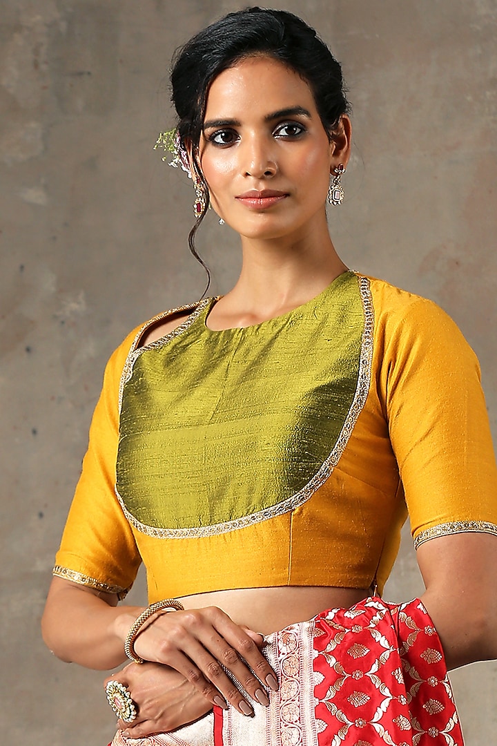 Mustard Sequins Embroidered Angrakha Blouse by Weaverstory