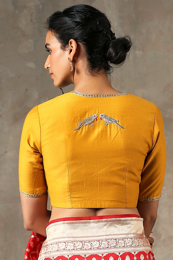 Mustard Sequins Embroidered Angrakha Blouse by Weaverstory at Pernia's Pop Up Shop