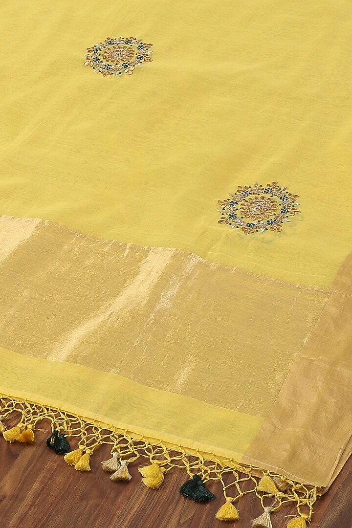 Yellow Silk Hand Embroidered Dupatta by Weaverstory at Pernia's Pop Up Shop