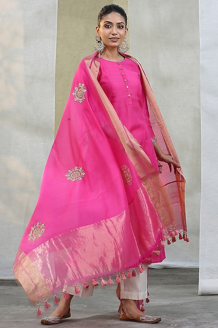 Pink Chanderi Embroidered Dupatta by Weaverstory