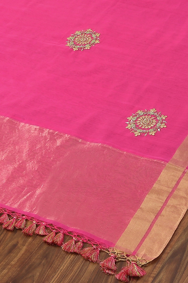 Pink Chanderi Embroidered Dupatta by Weaverstory at Pernia's Pop Up Shop