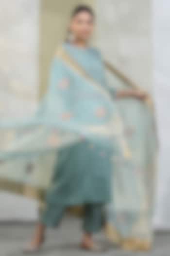 Ice Blue Chanderi Embroidered Dupatta by Weaverstory