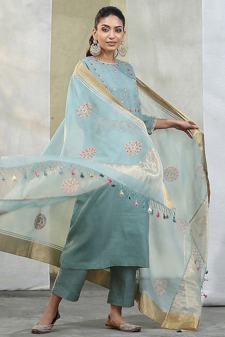 Ice Blue Chanderi Embroidered Dupatta by Weaverstory