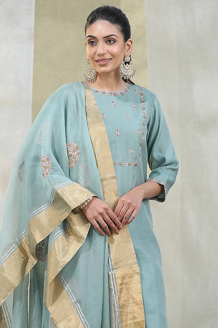 Ice Blue Chanderi Embroidered Dupatta by Weaverstory at Pernia's Pop Up Shop