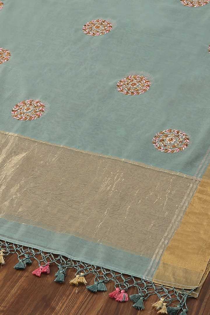 Ice Blue Chanderi Embroidered Dupatta by Weaverstory at Pernia's Pop Up Shop