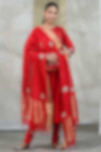 Red Handwoven Embroidered Dupatta by Weaverstory