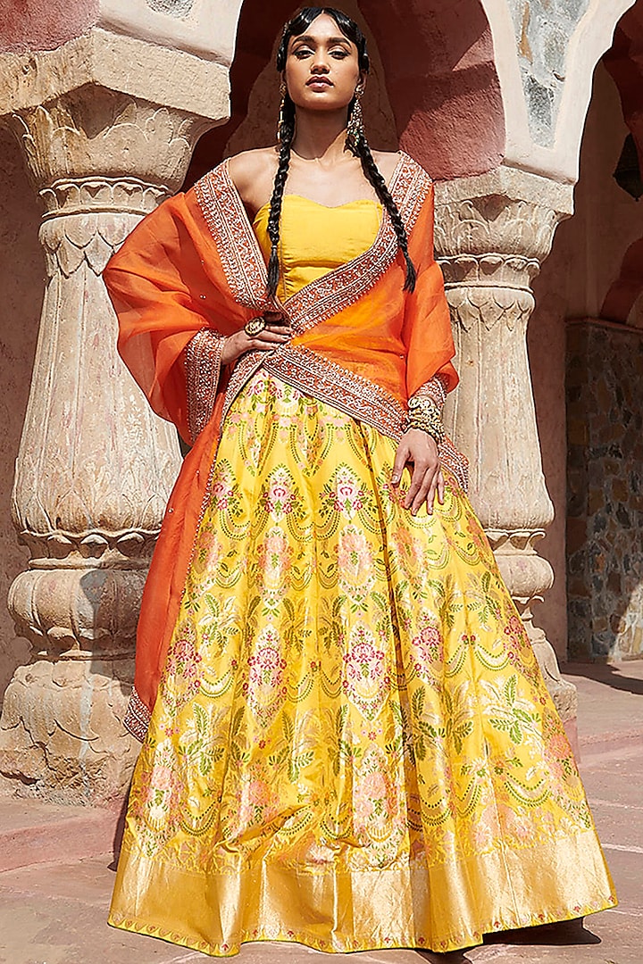 Yellow Banarasi Lehenga Set by Weaverstory
