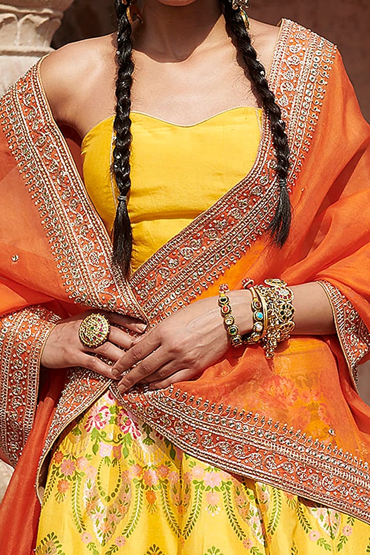 Yellow Banarasi Bridal Lehenga Set by Weaverstory at Pernia's Pop Up Shop