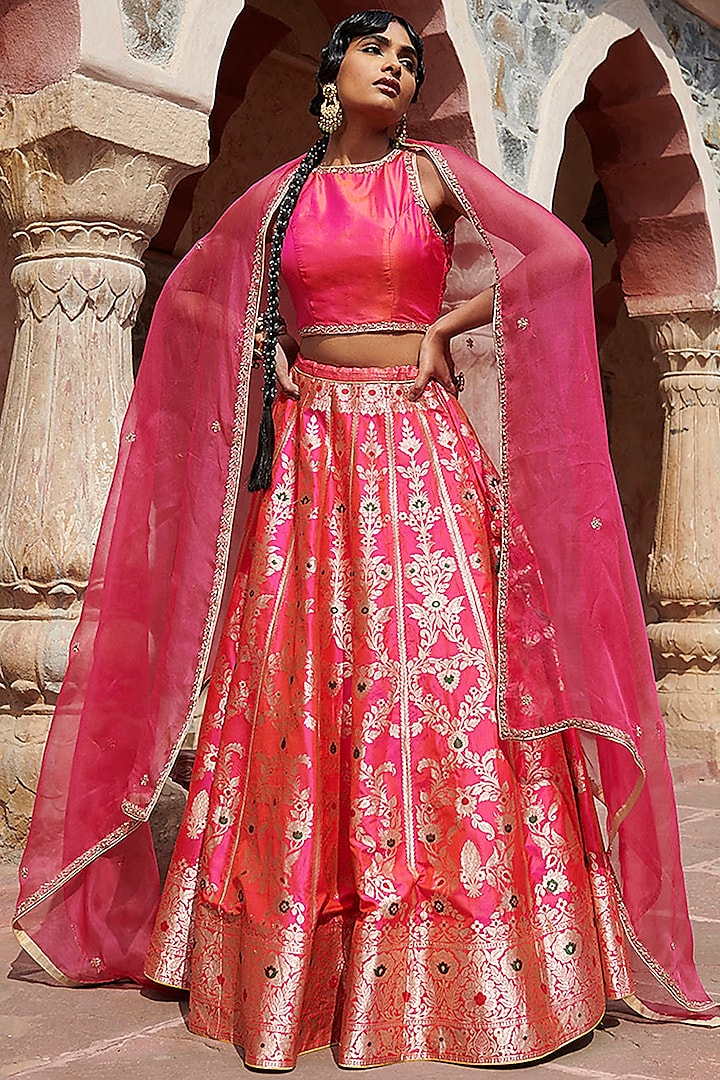 Pink Banarasi Lehenga Set by Weaverstory