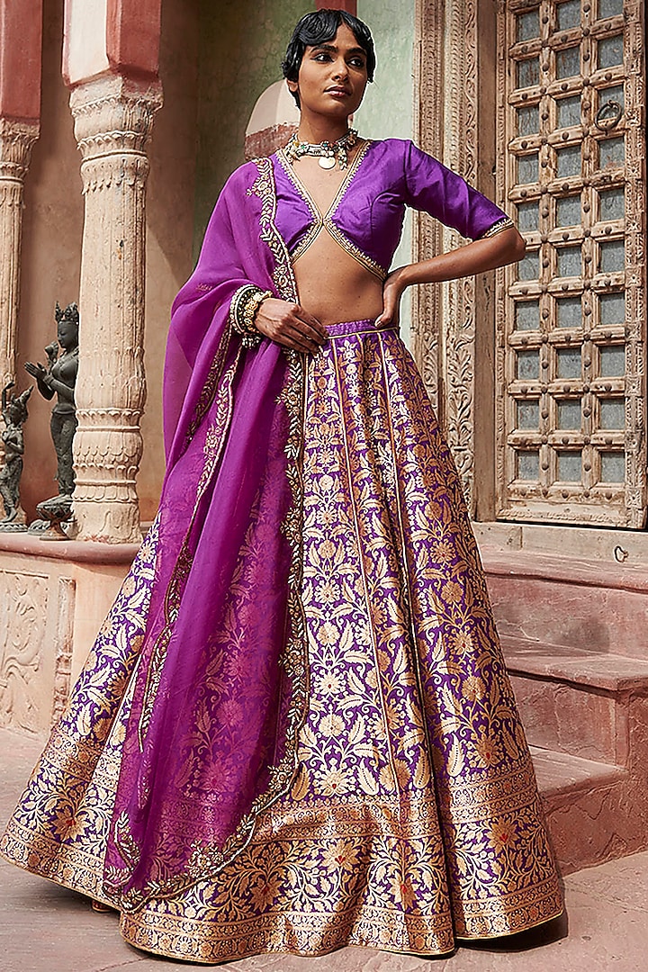 Purple Banarasi Lehenga Set by Weaverstory