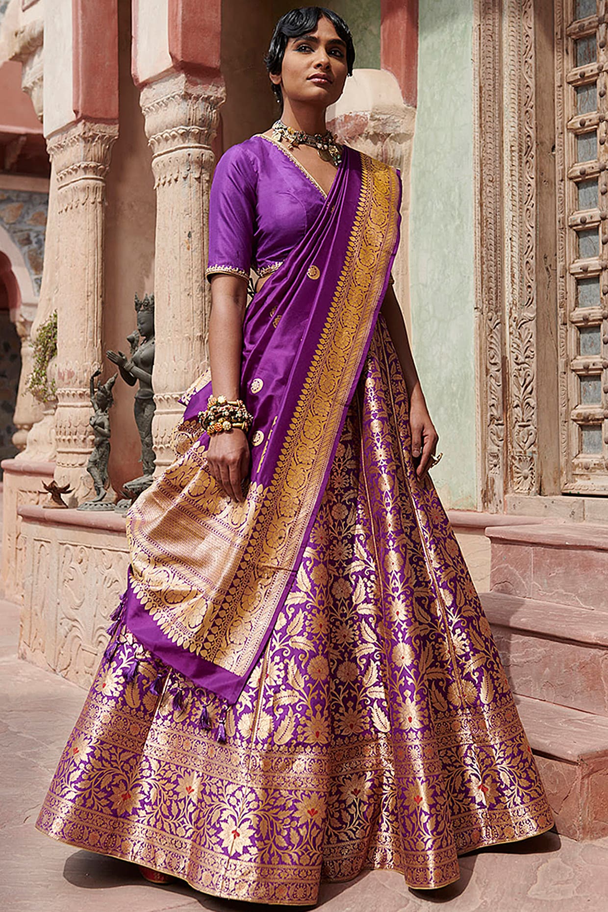 Buy Embroidered Banarasi Silk Lehenga Choli In Pink Online -