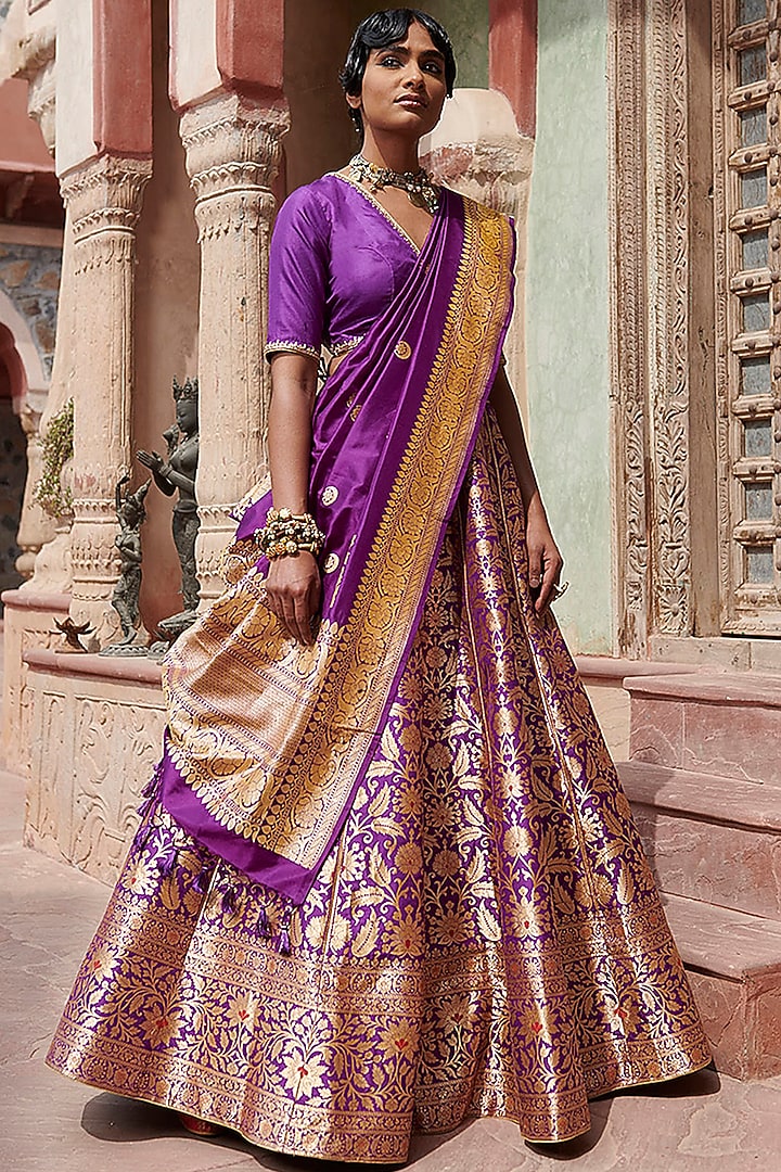Purple Banarasi Bridal Lehenga Set by Weaverstory at Pernia's Pop Up Shop