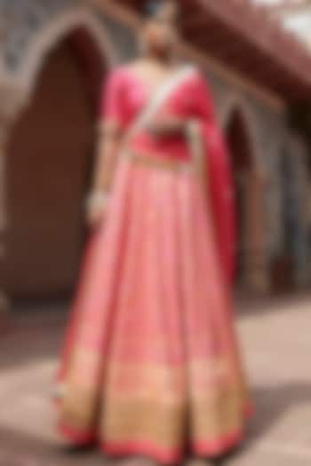 Hot Pink Handloom Georgette Banarasi Lehenga Set by Weaverstory