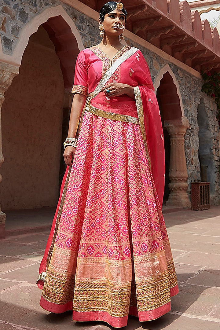 Hot Pink Handloom Georgette Banarasi Lehenga Set by Weaverstory