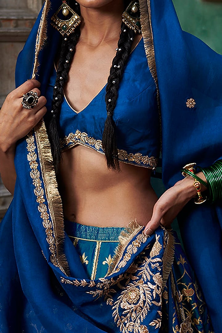 Peacock Blue Handcrafted Bridal Lehenga Set by Weaverstory at Pernia's Pop Up Shop