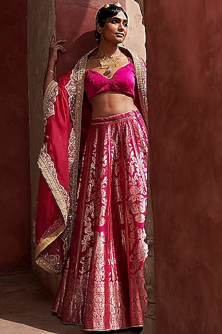 Pink Banarasi Lehenga Set by Weaverstory