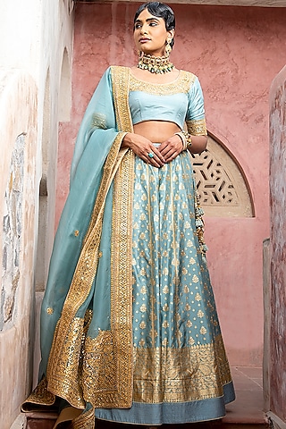Pigeon Blue Handloom Lehenga Set by Weaverstory