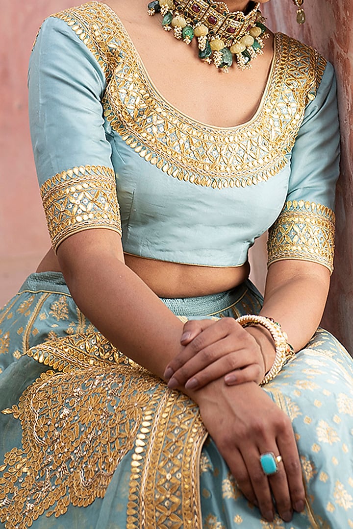 Pigeon Blue Handloom Bridal Lehenga Set by Weaverstory at Pernia's Pop Up Shop
