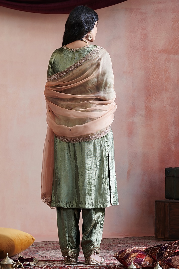 Olive Green Velvet Hand Embroidered Kurta Set by Weaverstory at Pernia's Pop Up Shop