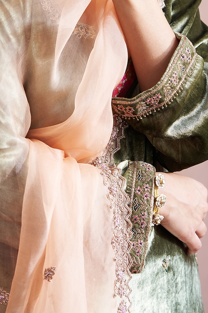Olive Green Velvet Hand Embroidered Kurta Set by Weaverstory at Pernia's Pop Up Shop