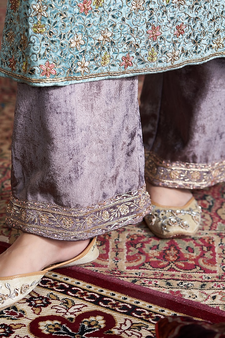 Ice Blue Velvet Hand Embroidered Kurta Set by Weaverstory at Pernia's Pop Up Shop