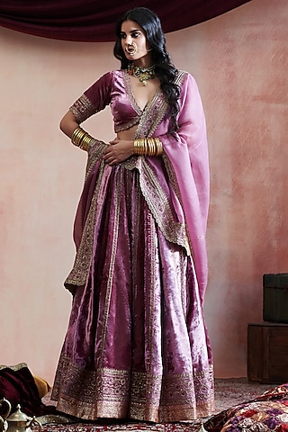 Purple Velvet Hand Embroidered Lehenga Set by Weaverstory