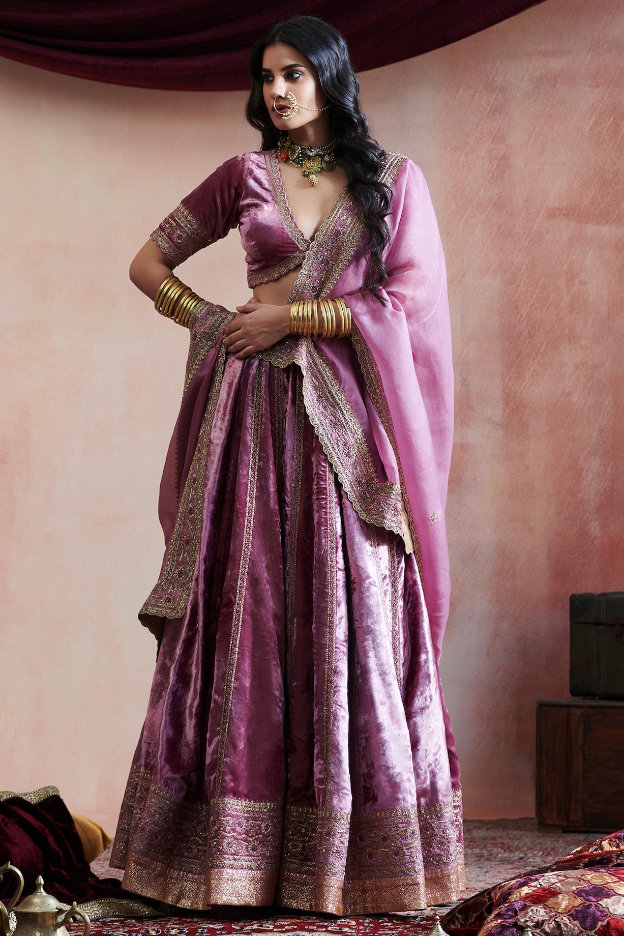 Purple Velvet Hand Embroidered Wedding Lehenga Set by Weaverstory