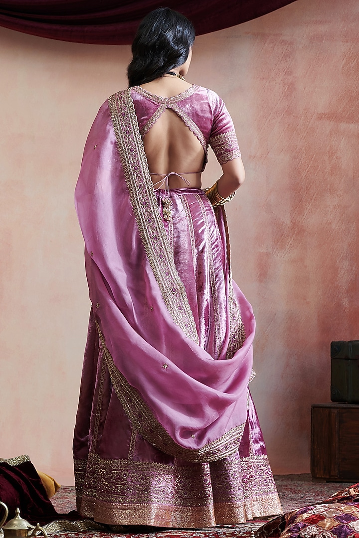 Purple Velvet Hand Embroidered Bridal Lehenga Set by Weaverstory at Pernia's Pop Up Shop