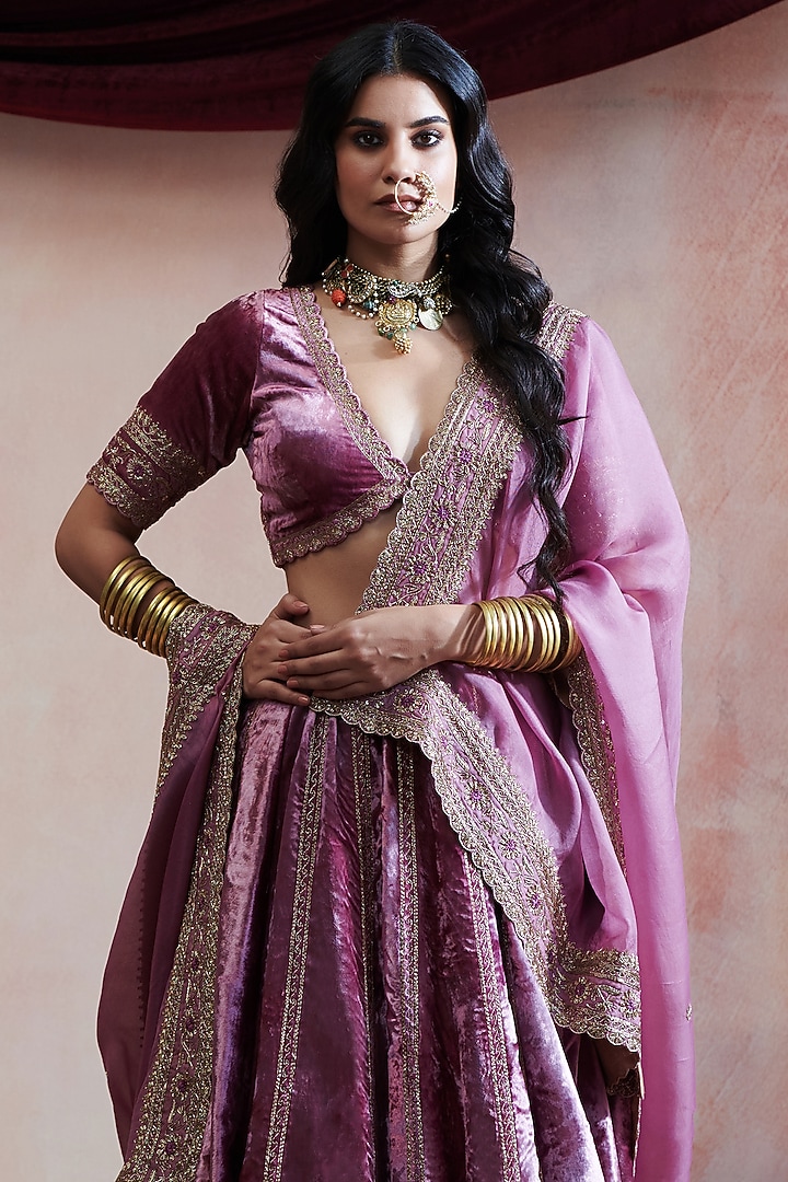 Purple Velvet Hand Embroidered Bridal Lehenga Set by Weaverstory at Pernia's Pop Up Shop