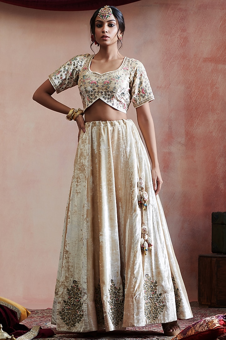 Beige Velvet Hand Embroidered Wedding Lehenga Set by Weaverstory at Pernia's Pop Up Shop